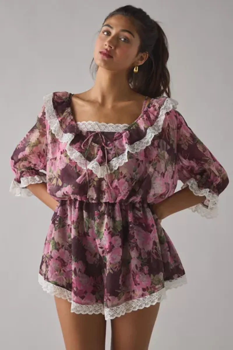 For Love & Lemons Adeline Lace Trim Floral Ruffle Romper
