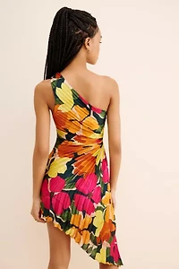 Dress Forum Pleated One Shoulder Floral Mini Dress