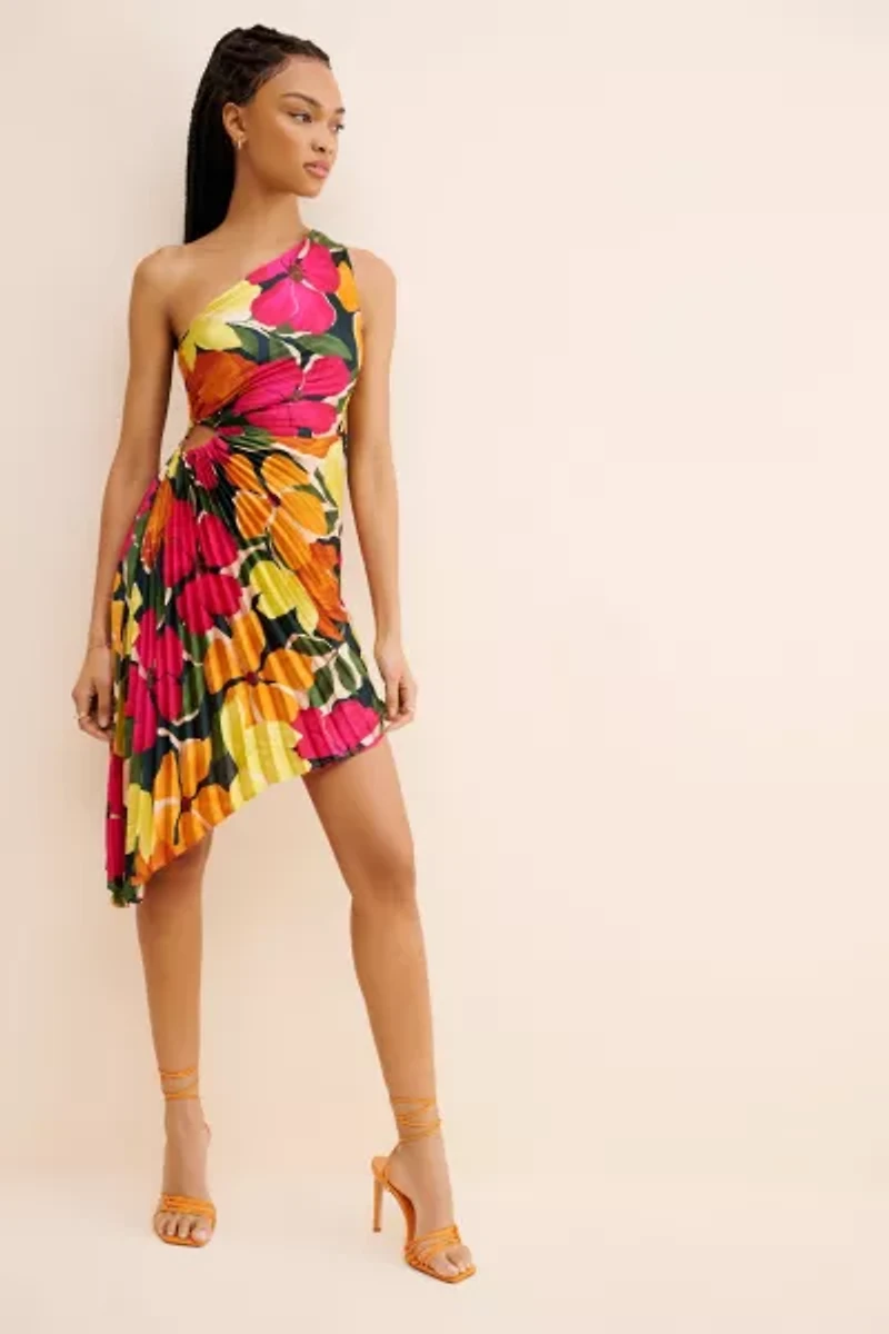 Dress Forum Pleated One Shoulder Floral Mini Dress
