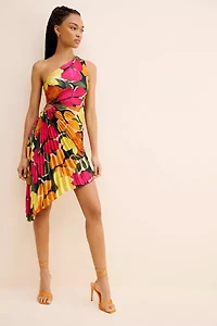 Dress Forum Pleated One Shoulder Floral Mini Dress