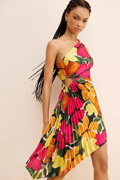 Dress Forum Pleated One Shoulder Floral Mini Dress