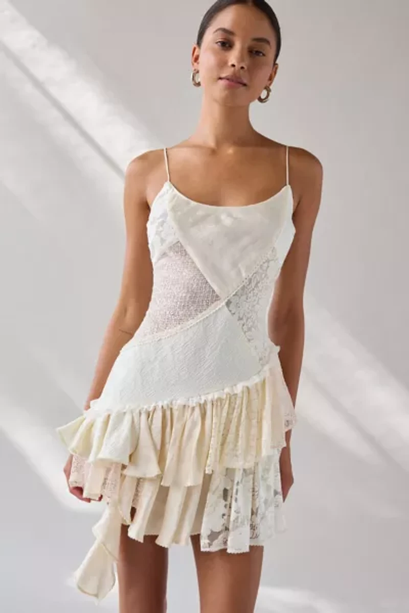 For Love & Lemons Paulina Patchwork Asymmetric Drop Waist Mini Dress