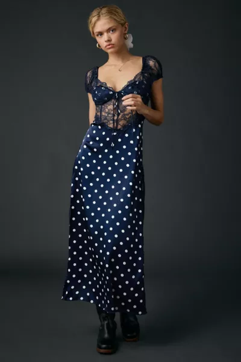 For Love & Lemons Casey Navy Dot Lace Trim Satin Maxi Dress