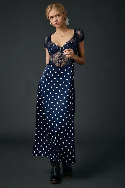 For Love & Lemons Casey Navy Dot Lace Trim Satin Maxi Dress