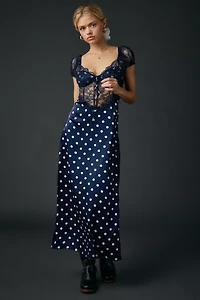 For Love & Lemons Casey Navy Dot Lace Trim Satin Maxi Dress
