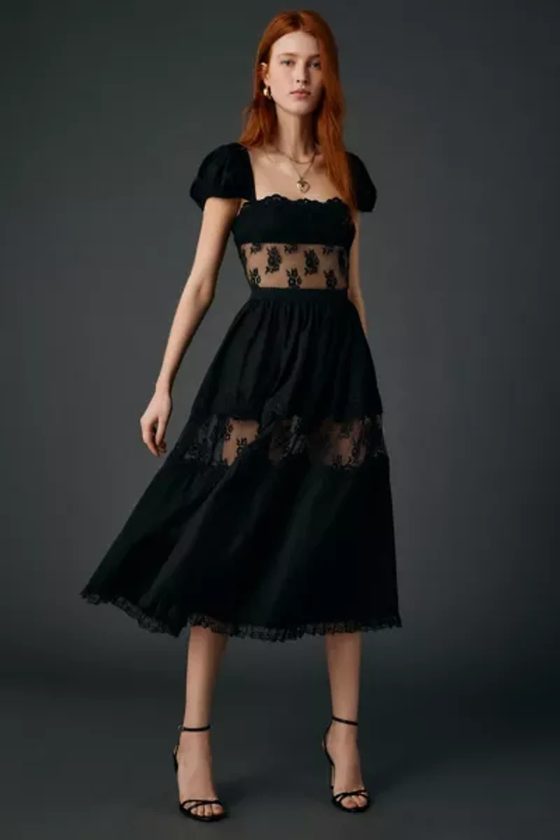 For Love & Lemons Liya Sheer Lace Illusion Midi Dress