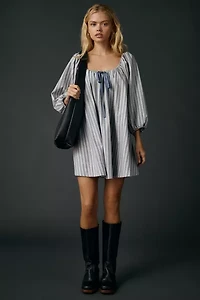 For Love & Lemons Linen Stripe Puff Sleeve Babydoll Mini Dress