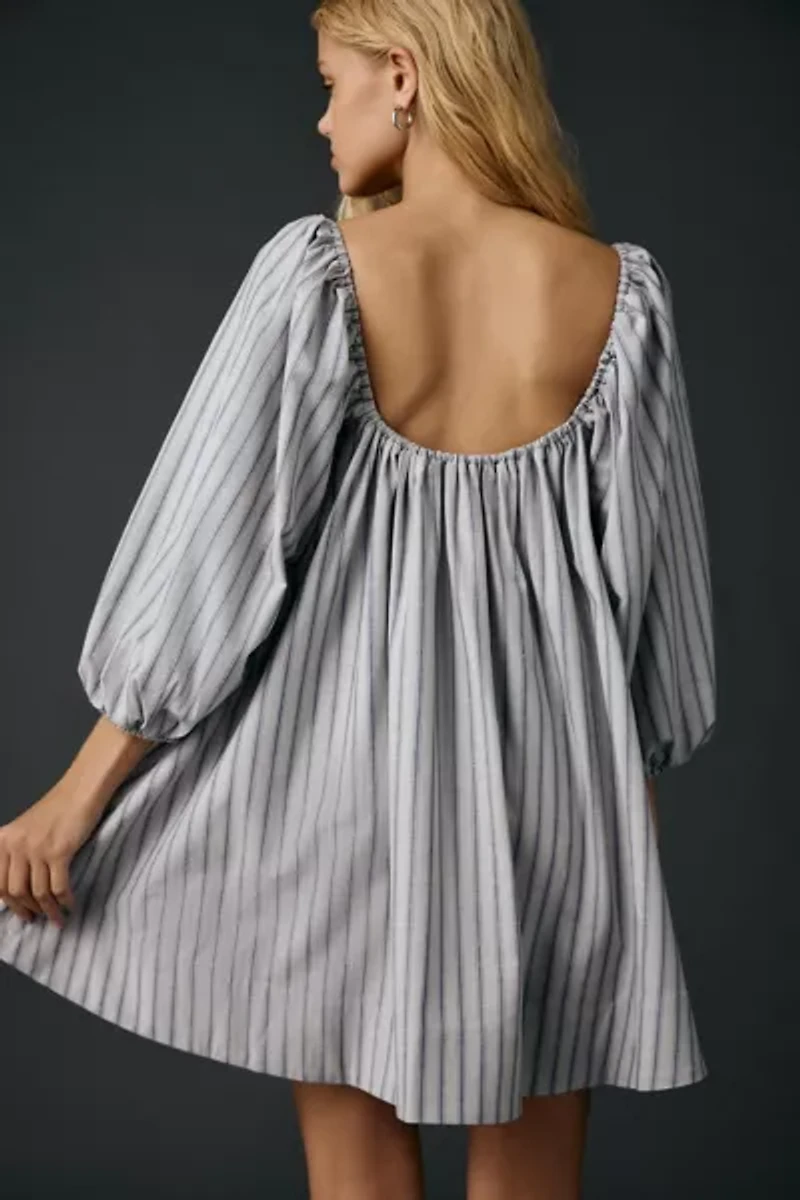 For Love & Lemons Linen Stripe Puff Sleeve Babydoll Mini Dress