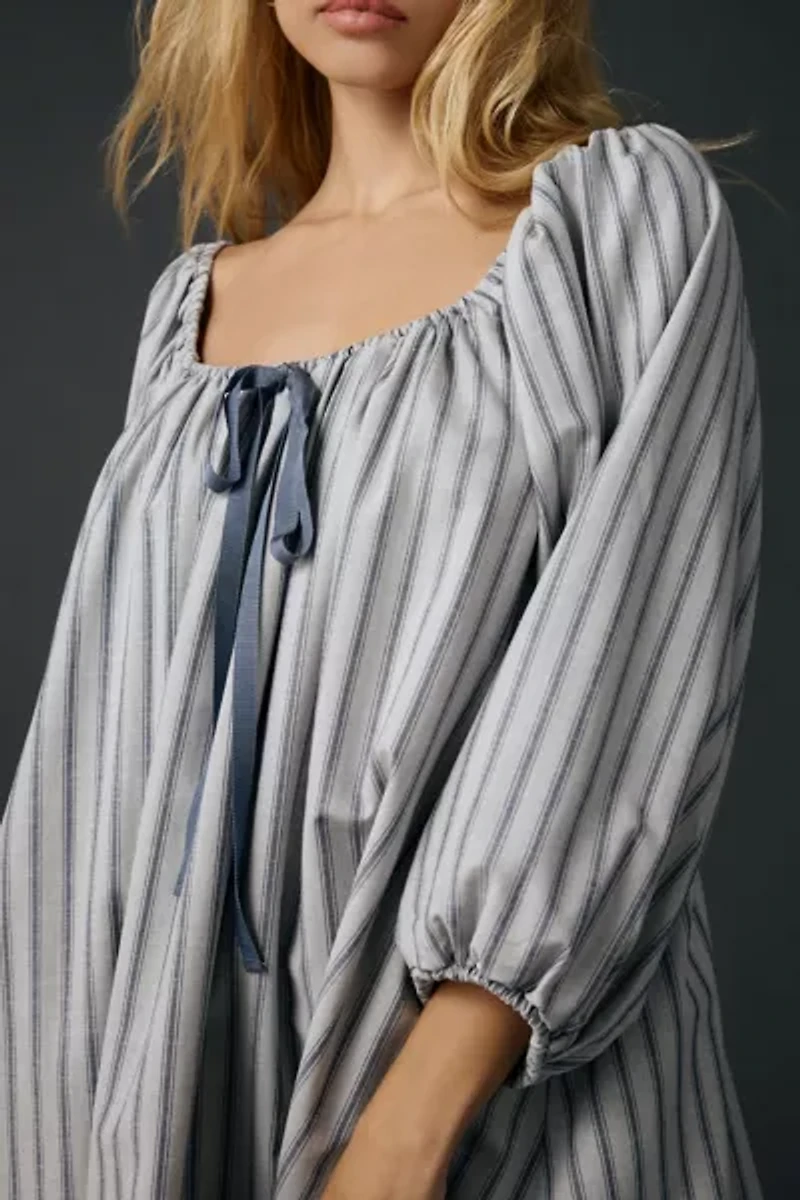 For Love & Lemons Linen Stripe Puff Sleeve Babydoll Mini Dress