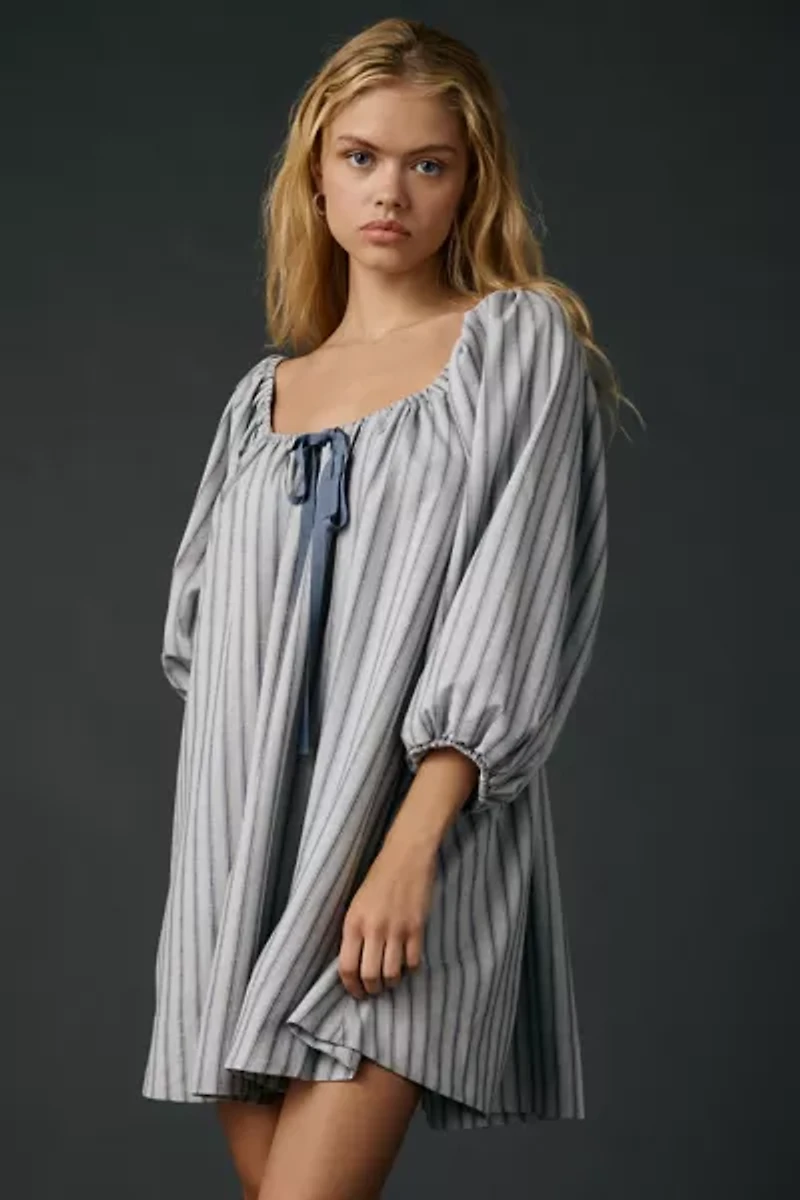 For Love & Lemons Linen Stripe Puff Sleeve Babydoll Mini Dress