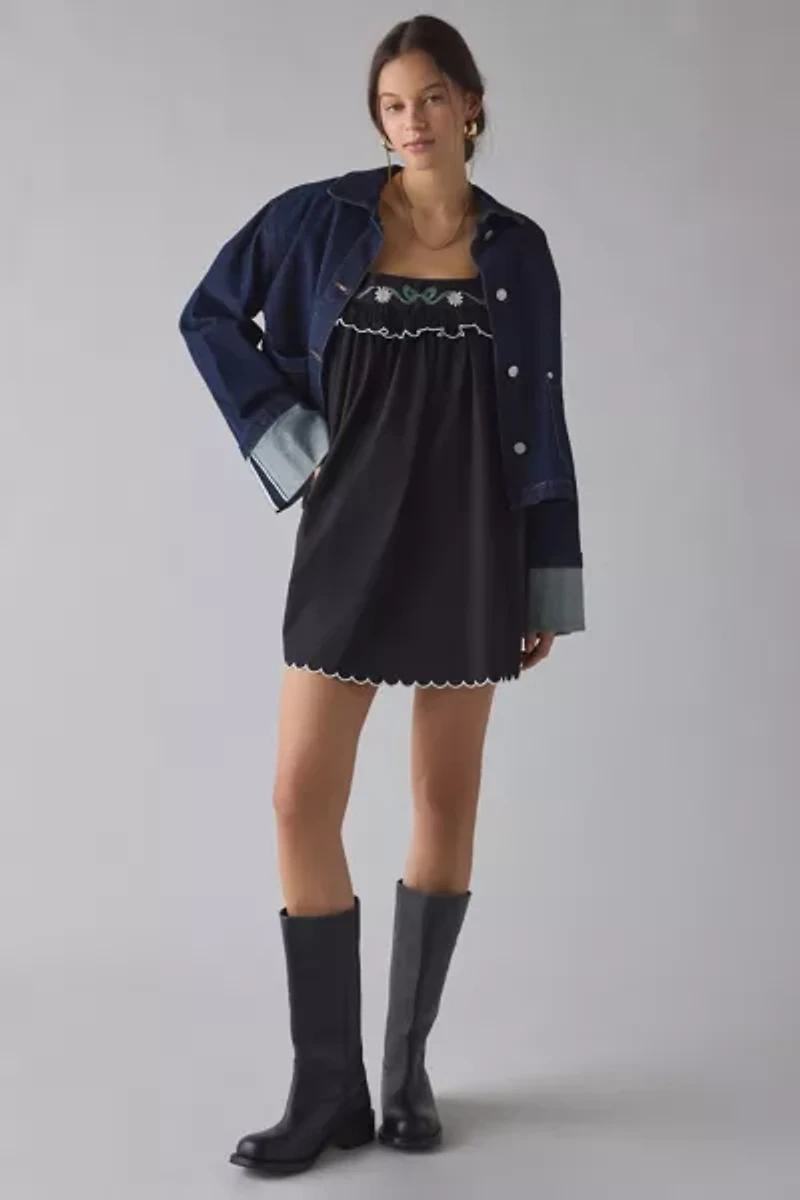 For Love & Lemons Tea Time Floral Embroidered Babydoll Mini Dress