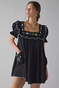 For Love & Lemons Tea Time Floral Embroidered Babydoll Mini Dress