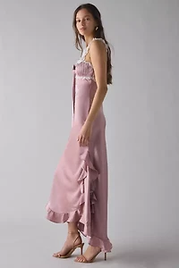 For Love & Lemons Chelsea Lace Trim Satin Maxi Dress