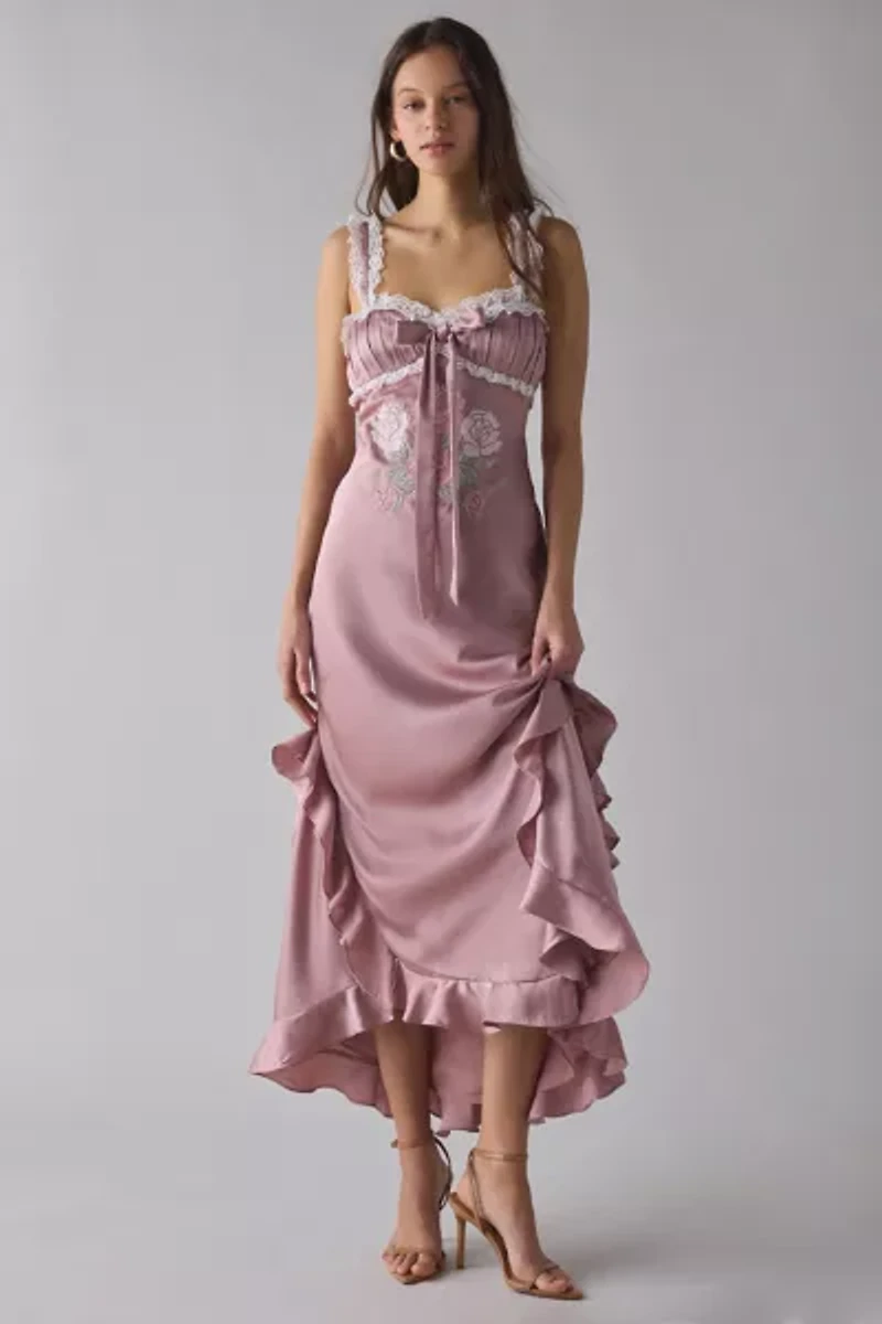 For Love & Lemons Chelsea Lace Trim Satin Maxi Dress