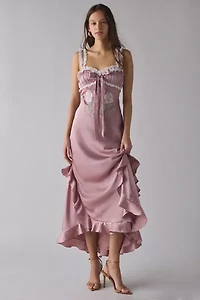 For Love & Lemons Chelsea Lace Trim Satin Maxi Dress