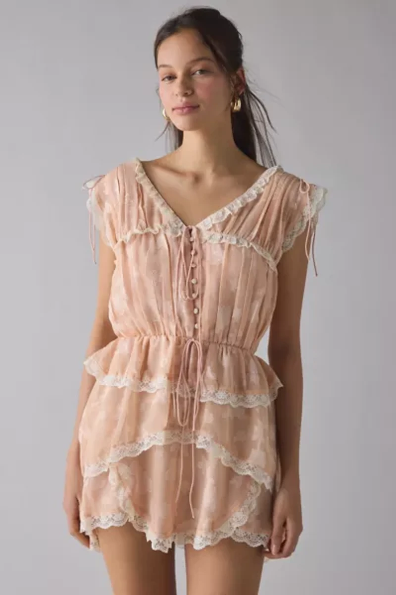 For Love & Lemons Ciara Lace Trim Ruffle Mini Dress