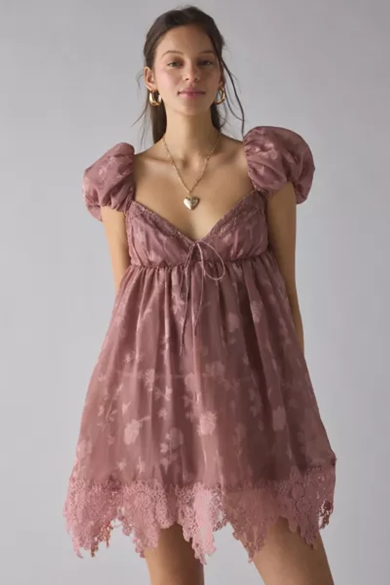 For Love & Lemons Olivia Burnout Satin Floral Chiffon Babydoll Mini Dress