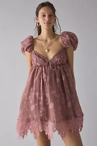 For Love & Lemons Olivia Burnout Satin Floral Chiffon Babydoll Mini Dress