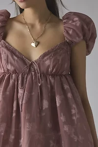 For Love & Lemons Olivia Burnout Satin Floral Chiffon Babydoll Mini Dress