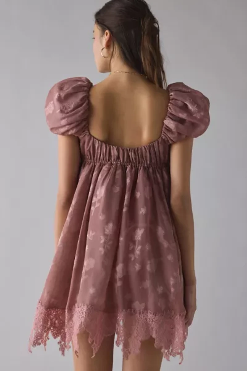 For Love & Lemons Olivia Burnout Satin Floral Chiffon Babydoll Mini Dress