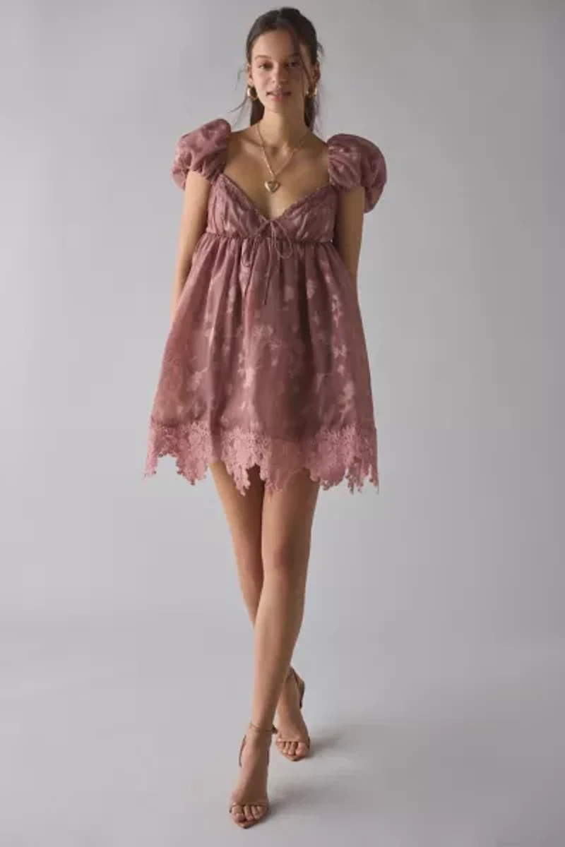 For Love & Lemons Olivia Burnout Satin Floral Chiffon Babydoll Mini Dress