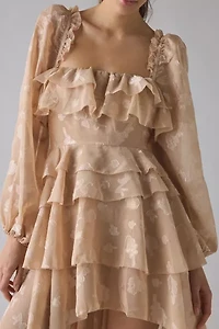 For Love & Lemons Colette Satin Burnout Ruffle High-Low Maxi Dress