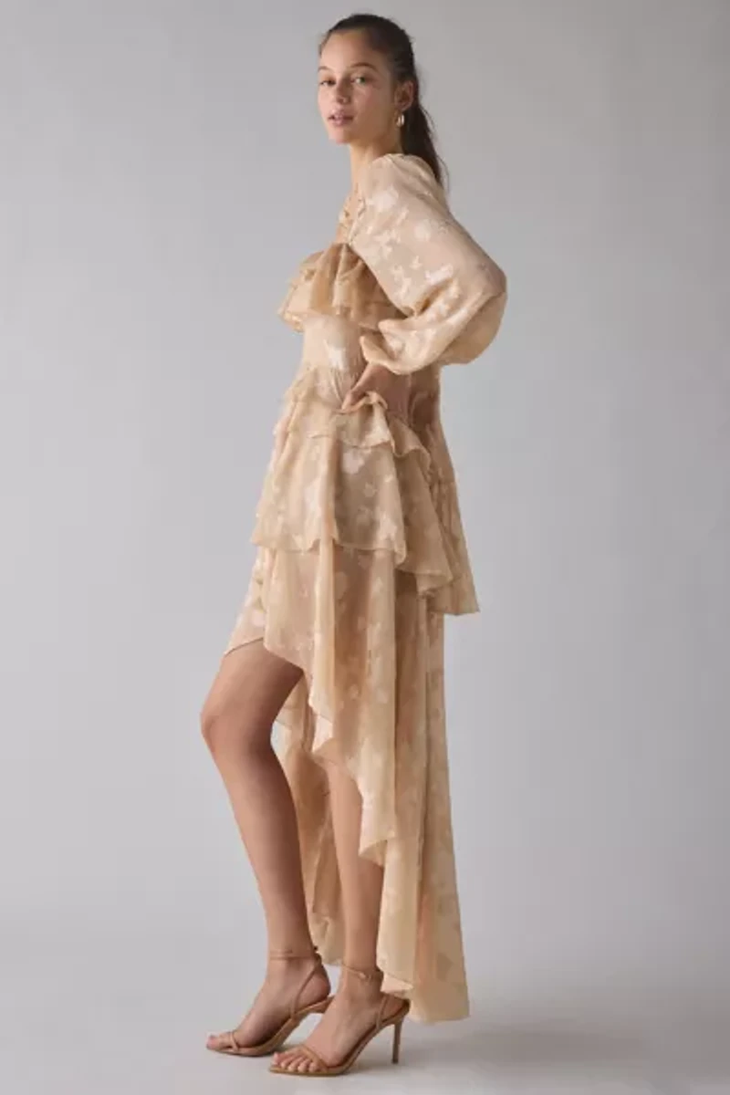 For Love & Lemons Colette Satin Burnout Ruffle High-Low Maxi Dress