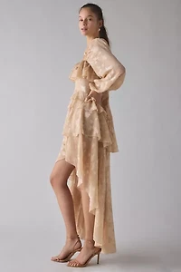 For Love & Lemons Colette Satin Burnout Ruffle High-Low Maxi Dress