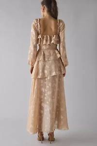 For Love & Lemons Colette Satin Burnout Ruffle High-Low Maxi Dress