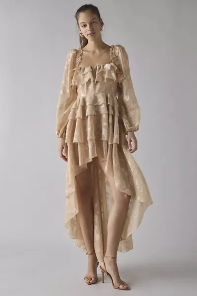 For Love & Lemons Colette Satin Burnout Ruffle High-Low Maxi Dress