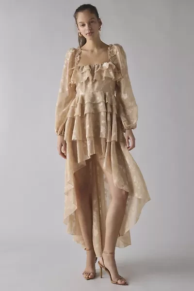 For Love & Lemons Colette Satin Burnout Ruffle High-Low Maxi Dress