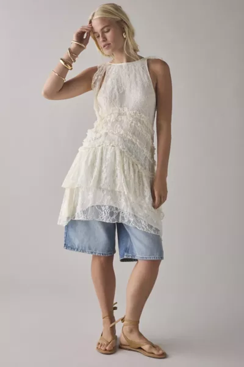 Kimchi Blue Alicia Asymmetric Cascading Ruffle Lace Mini Dress