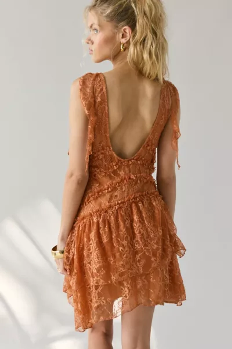 Kimchi Blue Alicia Asymmetric Cascading Ruffle Lace Mini Dress