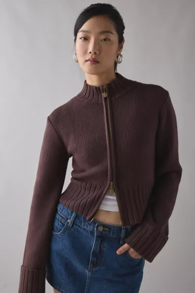 House Of Sunny Rosewood Brown Chunky Rib Peggy Zip-Up Cardigan