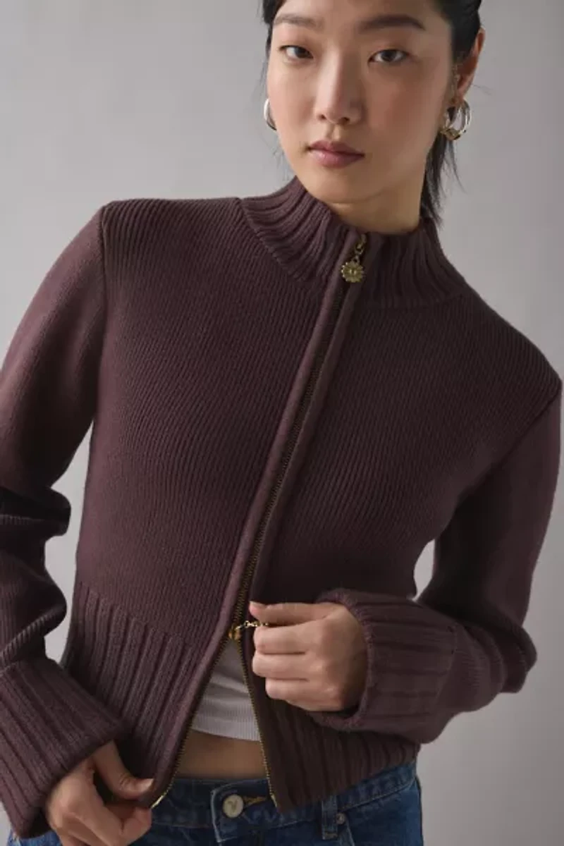 House Of Sunny Rosewood Brown Chunky Rib Peggy Zip-Up Cardigan