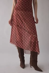 House Of Sunny Retro Check Sheer Mesh Asymmetric Midi Skirt