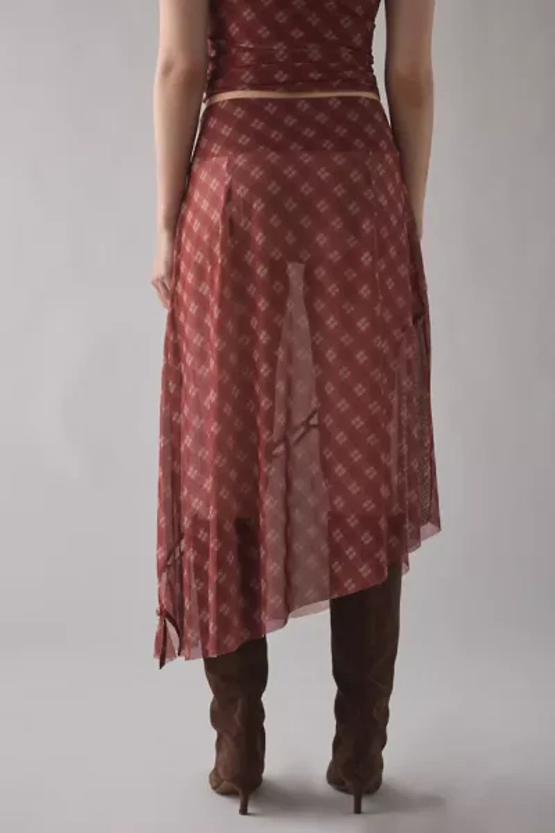 House Of Sunny Retro Check Sheer Mesh Asymmetric Midi Skirt