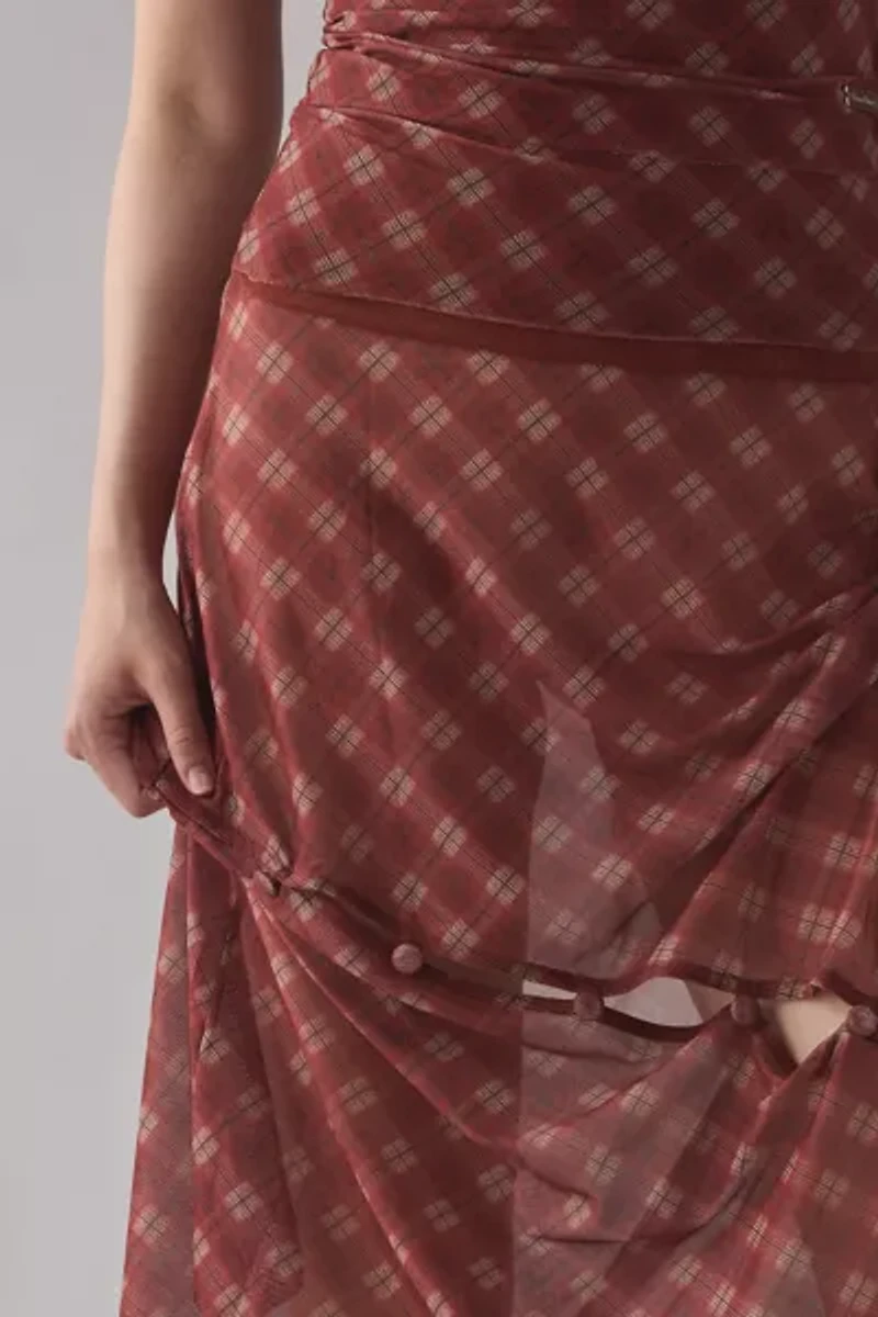 House Of Sunny Retro Check Sheer Mesh Asymmetric Midi Skirt