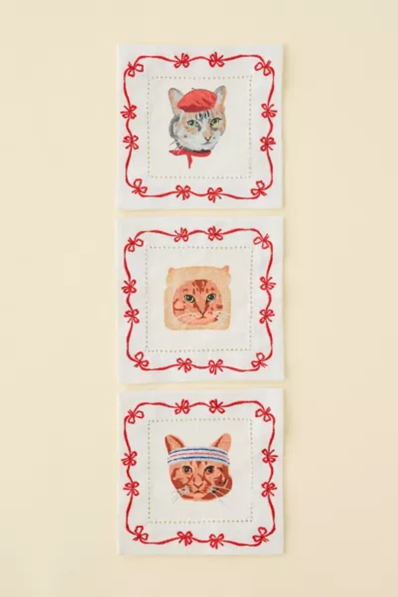 Purr Embroidered Cat Fabric Coaster Set