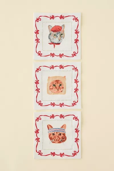 Purr Embroidered Cat Fabric Coaster Set