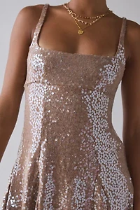 UO Liv Sequin Open Back Fit-And-Flare Mini Dress