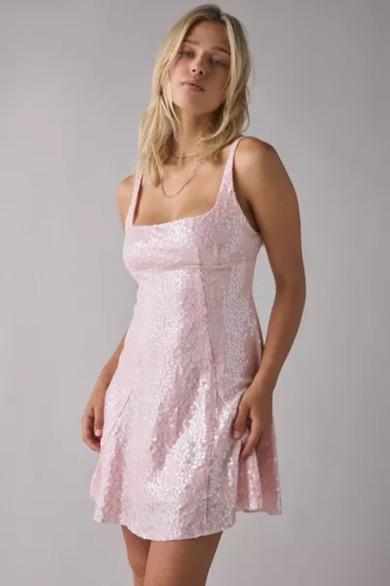 UO Liv Sequin Open Back Fit-And-Flare Mini Dress