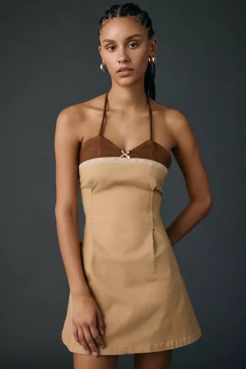 Zemeta Autumn Love Faux Suede Trim Halter Mini Dress