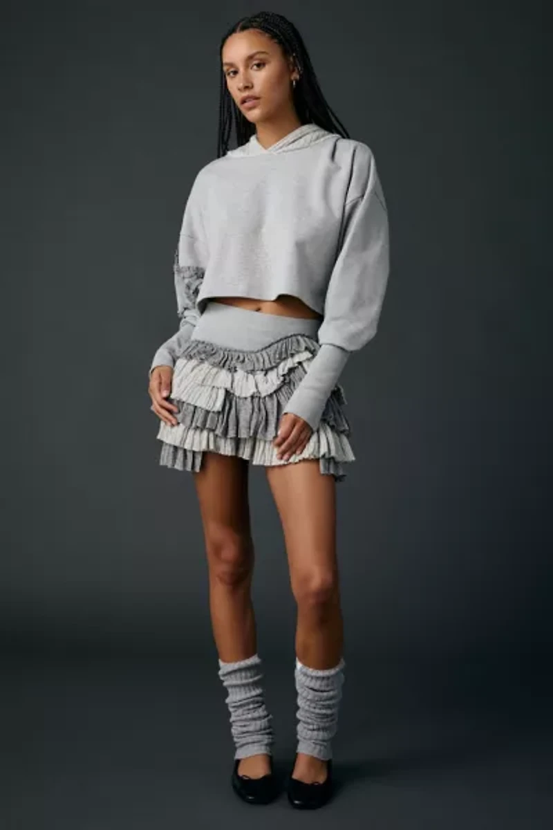 Zemeta Knitty Crop Ruffle Detail Cropped Hoodie Sweatshirt