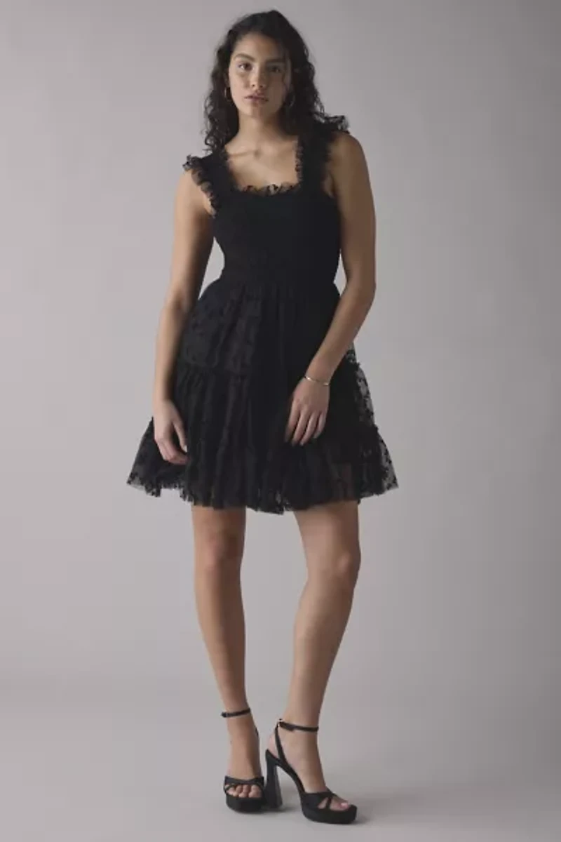 En Saison Casey Flutter Bow Flocked Mesh Mini Dress