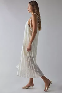 En Saison Sadie Embroidered Pleated Tie-Shoulder Maxi Dress
