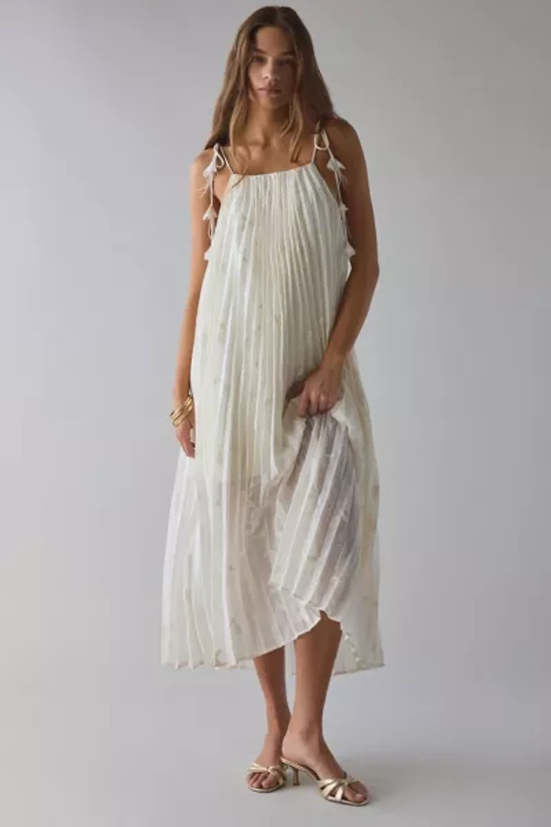 En Saison Sadie Embroidered Pleated Tie-Shoulder Maxi Dress