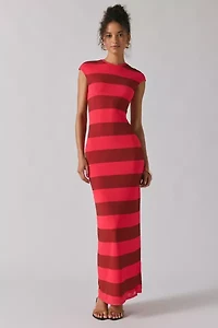 AFRM Cody Striped Mesh Short Sleeve Maxi Dress