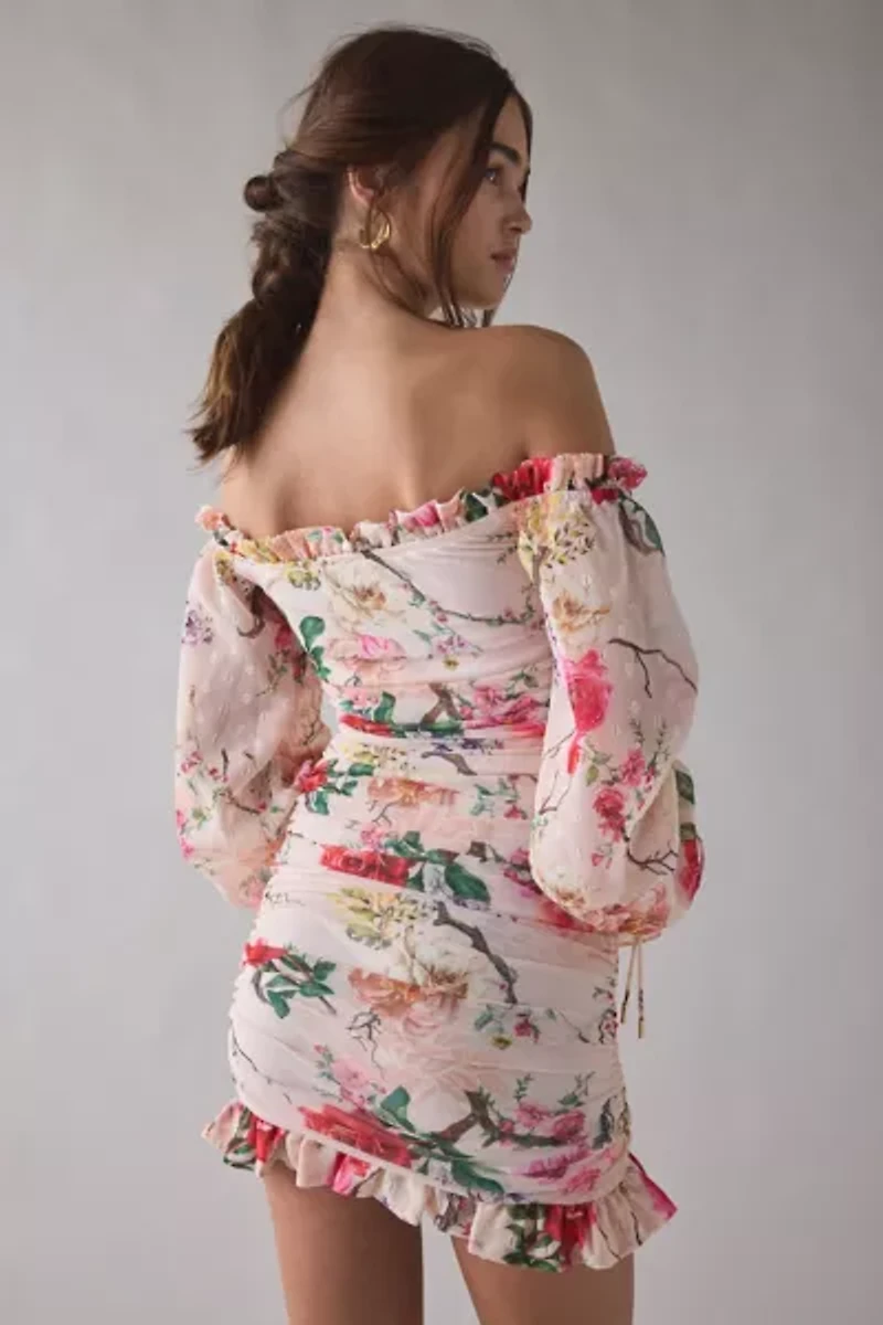 AFRM Claudia Floral Mesh Off-The-Shoulder Ruched Mini Dress