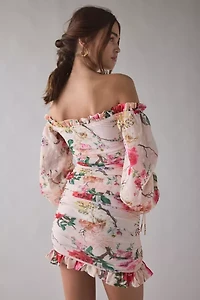 AFRM Claudia Floral Mesh Off-The-Shoulder Ruched Mini Dress